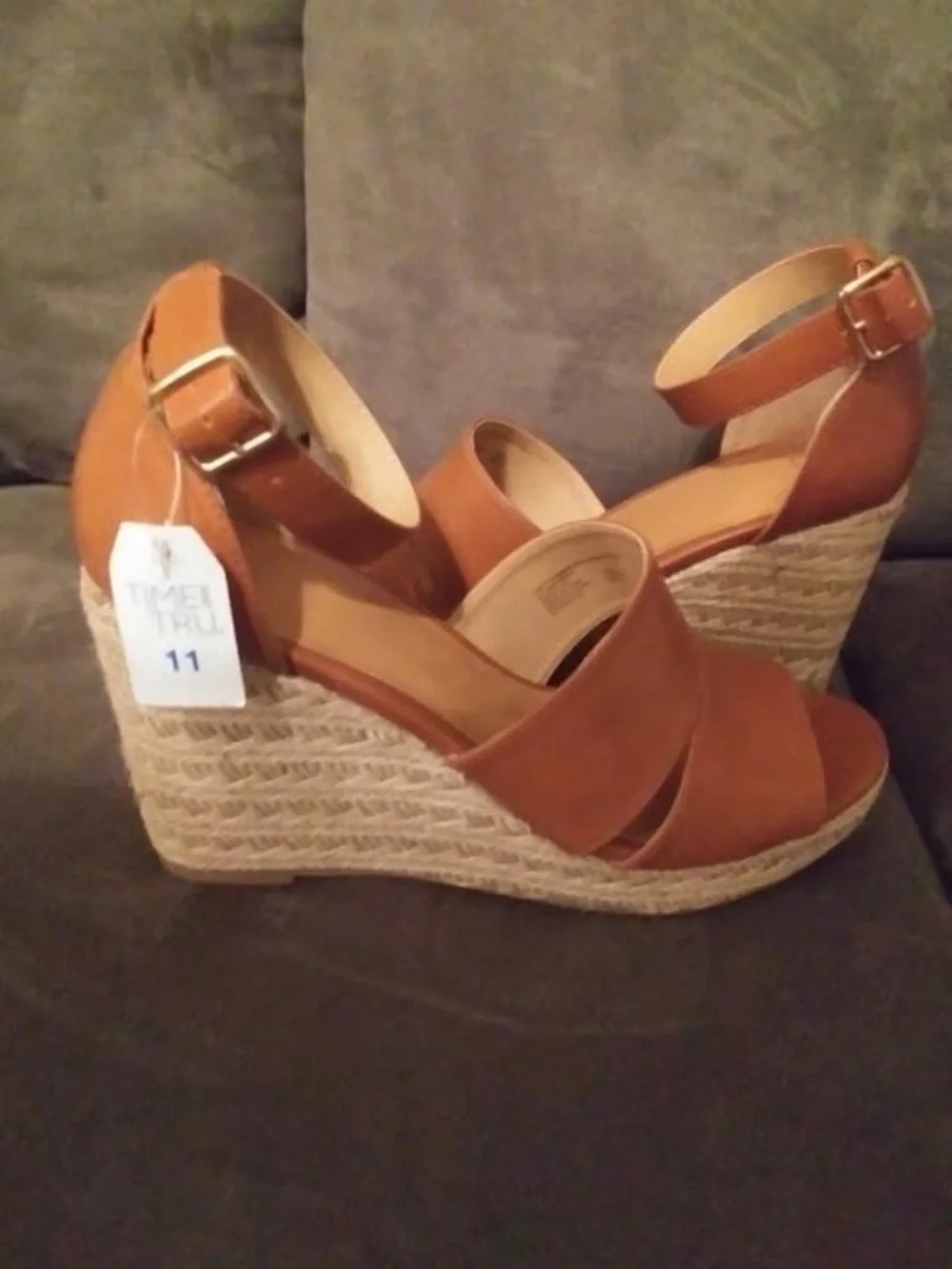 Time and Tru Tan Espadrille Wedge Sandals with Ankle Strap